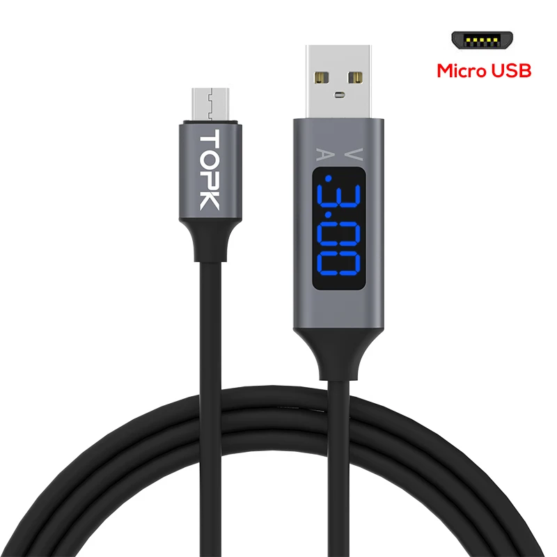 Серый TOPK 1 м Micro USB кабель напряжение и ток дисплей синхронизации данных USB кабель для samsung Xiaomi huawei Micro USB порт - Цвет: Серый