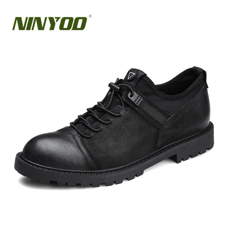 NINYOO Autumn Men's Casual Shoes Genuine Leather Wearproof Black Martens Convenient Shoelace High-end Retro Brand For Man | Обувь