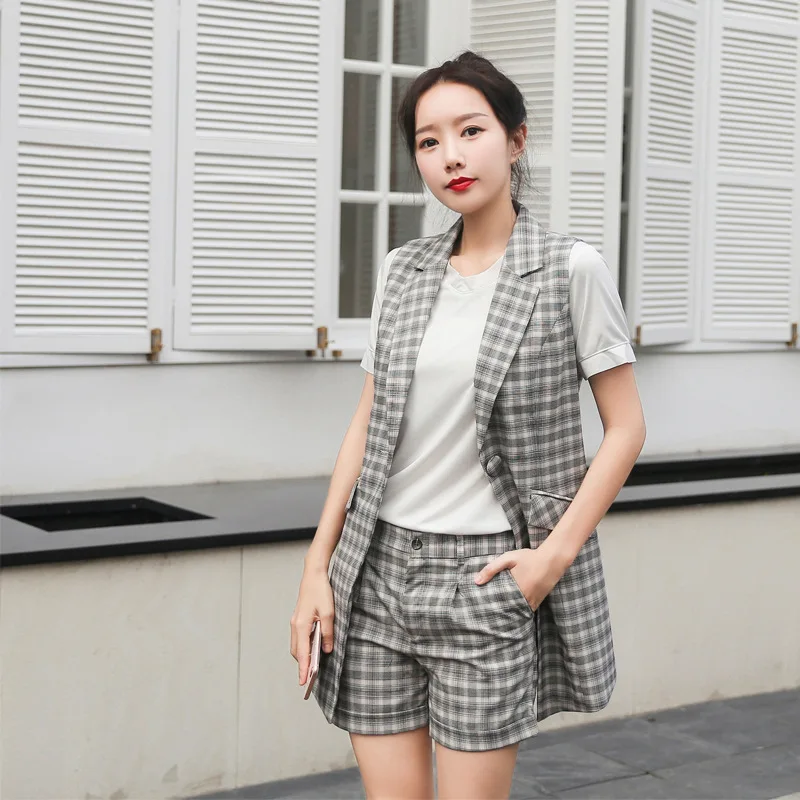 

Women's suit 2019 new summer temperament lattice sleeveless suit vest casual shorts two sets of wild women's clothing