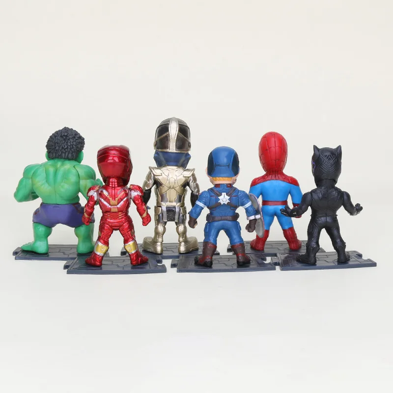 Игрушки Marvel, экшен-фигурки из ПВХ, герои фильма «Мстители: Война бесконечности» — Танос, Железный человек, Человек-паук, Капитан Америка, Халк, Чёрная пантера, 8–10 см, 6 шт./набор