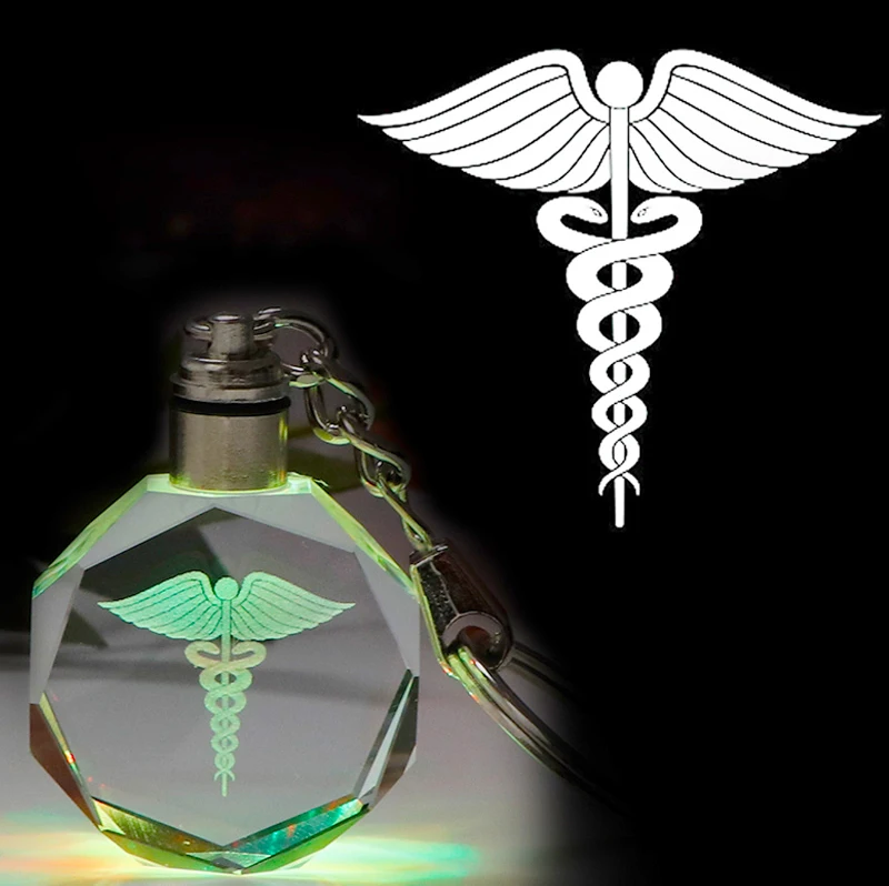 Кристалл Caduceus брелок лазерная гравировка Красочный Светодиодный светильник стеклянный брелок медицинский оздоровительный символ подарок для доктора медсестры