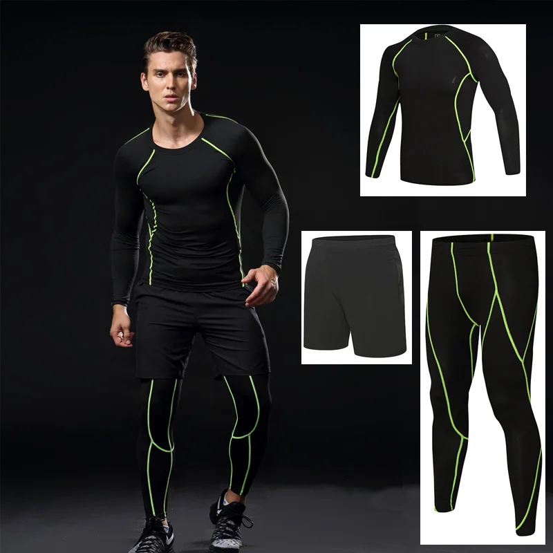 black green Для мужчин спортивные компрессия подложки Бег Комплекты Одежда для фитнеса, тренажерного зала Спортивная одежда для маленьких мальчиков для спортзала для игры в баскетбол обучение наборы для ухода за кожей в обтяжку, тренировочные костюмы, комплекты из 3 предметов - Цвет: black green