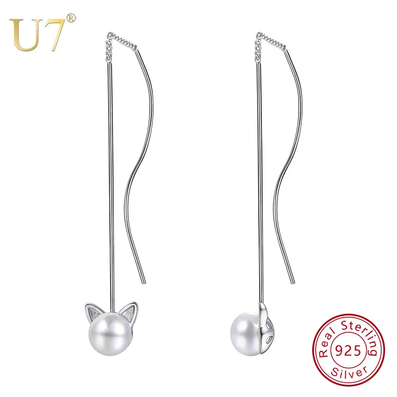 

U7 925 Sterling Silver Dangle Earrings Cat Shaped Girlfriend Birthday Gifts Women Jewelry Freshwater Pearl Brincos Earrings SC66