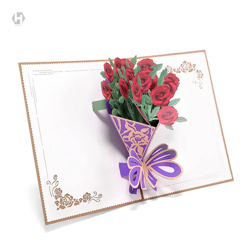 3D Pop Up изготовленные на заказ поздравительные карты с конвертом цветок Почтовые
