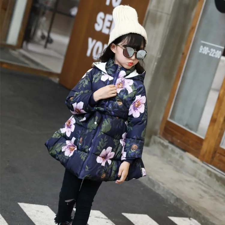 Winter 2018 coat Kid Baby Girl Floral Print Hooded Jacket Girls Kids Padded Long Sleeve Bow Casual Children's Outerwear | Детская