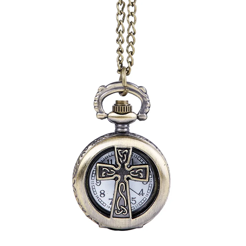 Новинка карманные часы винтажные бронзовые с распятием крест полые Кварцевые
