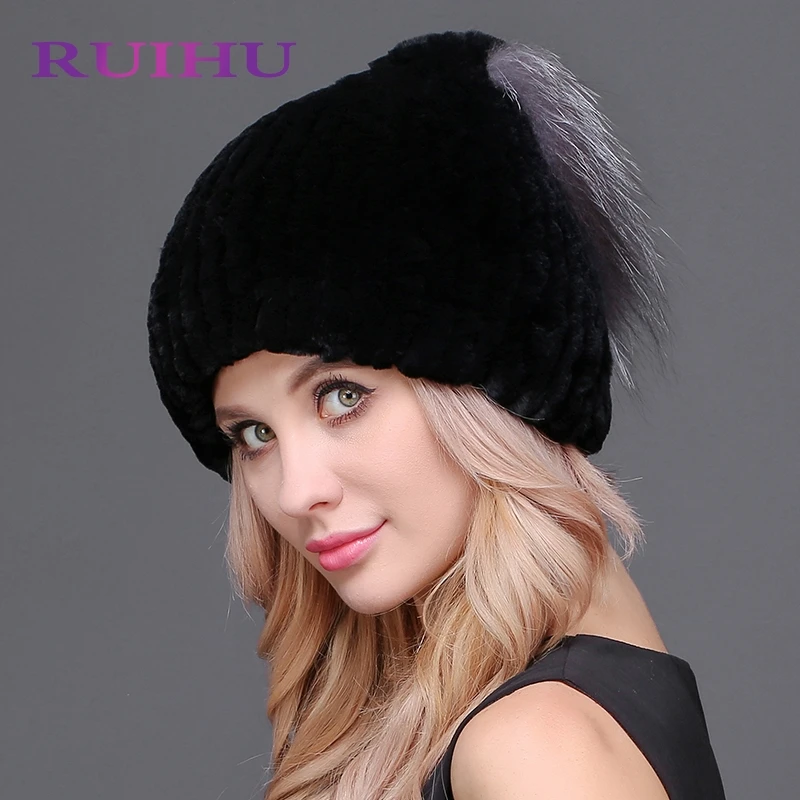 2018 вязаная шапка зима кролик Мех животных шапочки головные уборы Для женщин лиса