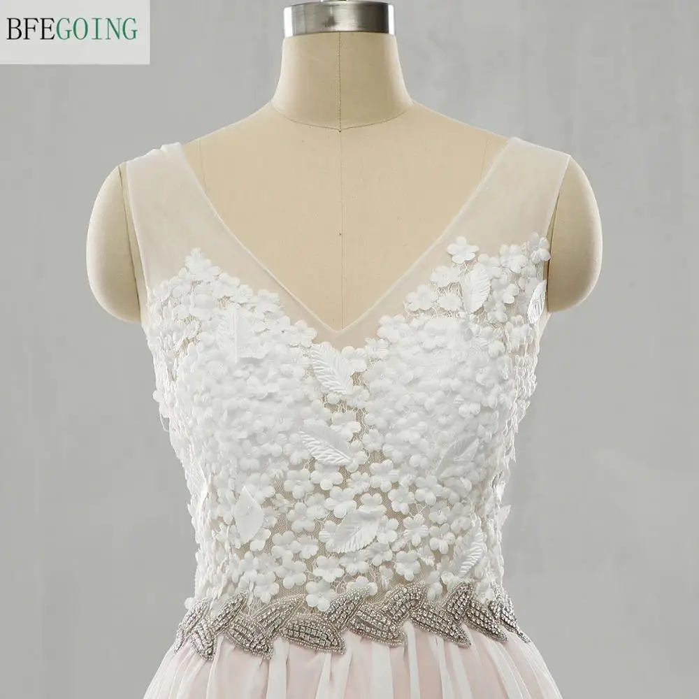 White Lace Appliques Chiffon Satin V-Neck Sleeveless A-Line Floor-Length Wedding Dresses Custom Made Bridal Gown | Свадьбы и