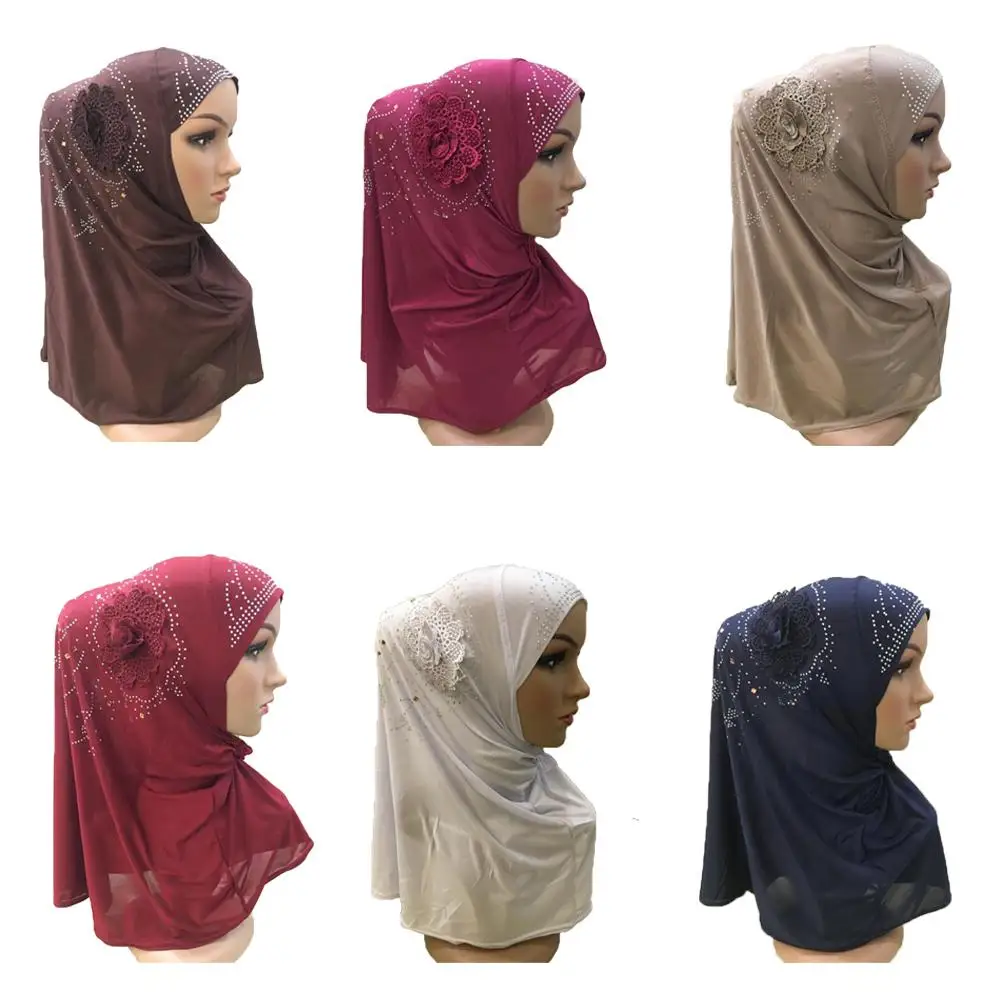 

Muslim Women Flower Hot Drilling Hijab Long Scarf Amira Headwear Head Wrap Cover Islamic Turban Headscarf Full Cover Prayer Hat
