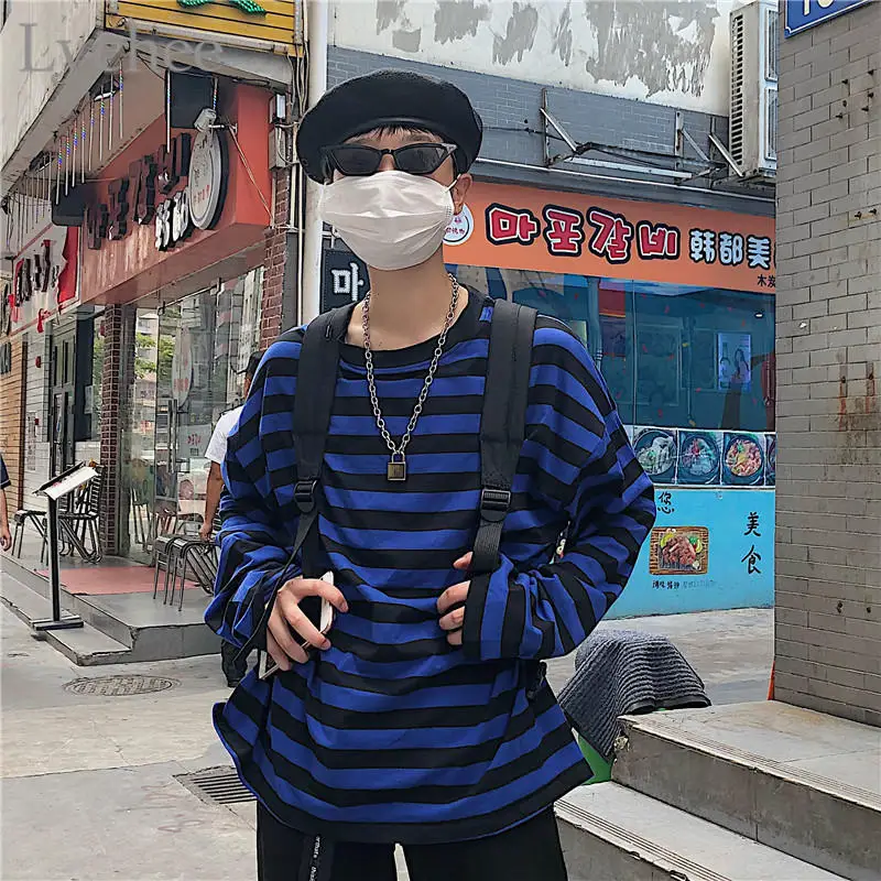 Blue Long Sleeve Lychee модная женская футболка с цветными полосками, длинный рукав, короткий рукав, круглый вырез, цветная женская футболка, Повседневная Свободная футболка - Цвет: Blue Long Sleeve