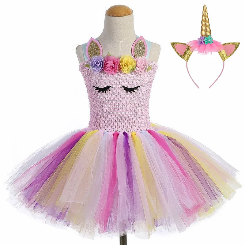 dress with headdress С цветочным узором для девочек с единорогом платье-пачка для девочек Радужное платье принцессы для дня рождения Детские платья для девочек Косплэй Хэллоуин Единорог Косплэй костюм - Цвет: dress with headdress