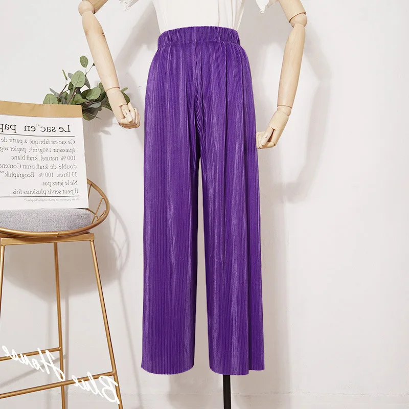 Light purple Женские плиссированные брюки, широкие брюки цвета морской волны из шифона, с высокой талией, для отдыха, на лето - Цвет: Light purple