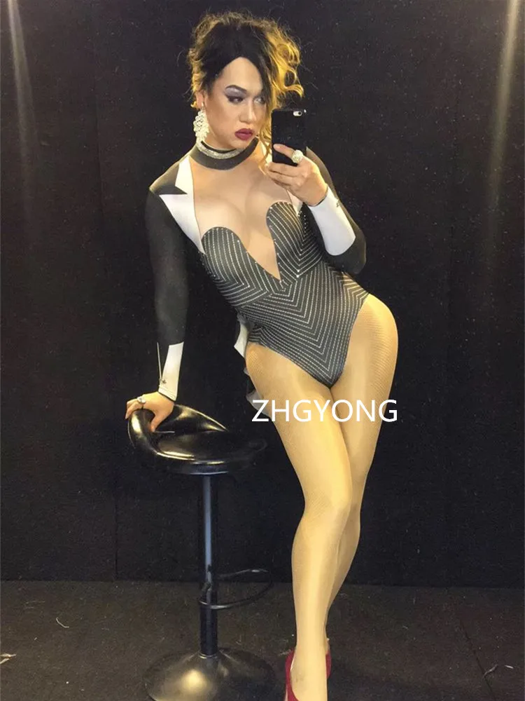Black Teacher Uniform sexy stage Costume bodysuit fashion female sexy jumpsuit nightclub bar stage DJ DS show Performance wear