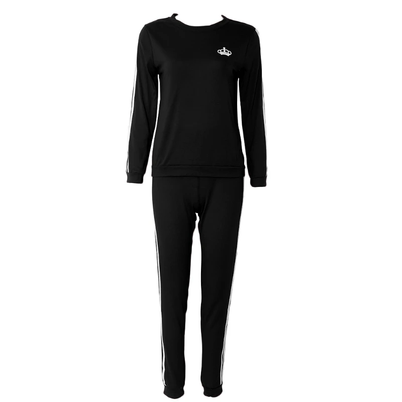 Черный Survetement Femme Marque, весенний Модный комплект из 2 предметов, женский спортивный костюм с принтом короны, повседневная спортивная одежда с круглым вырезом, женский спортивный костюм - Цвет: Черный