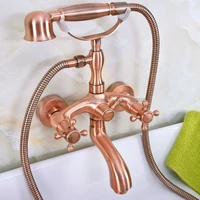 antique red copper dual cross handles wall mounted bathtub shower faucet telephone style tub mixer taps with handshower bna323