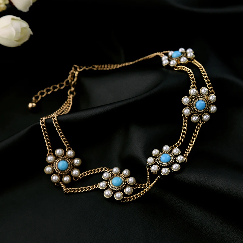 Синий белый цветок чокер с двойной цепочкой ожерелье Горячие продажи женские