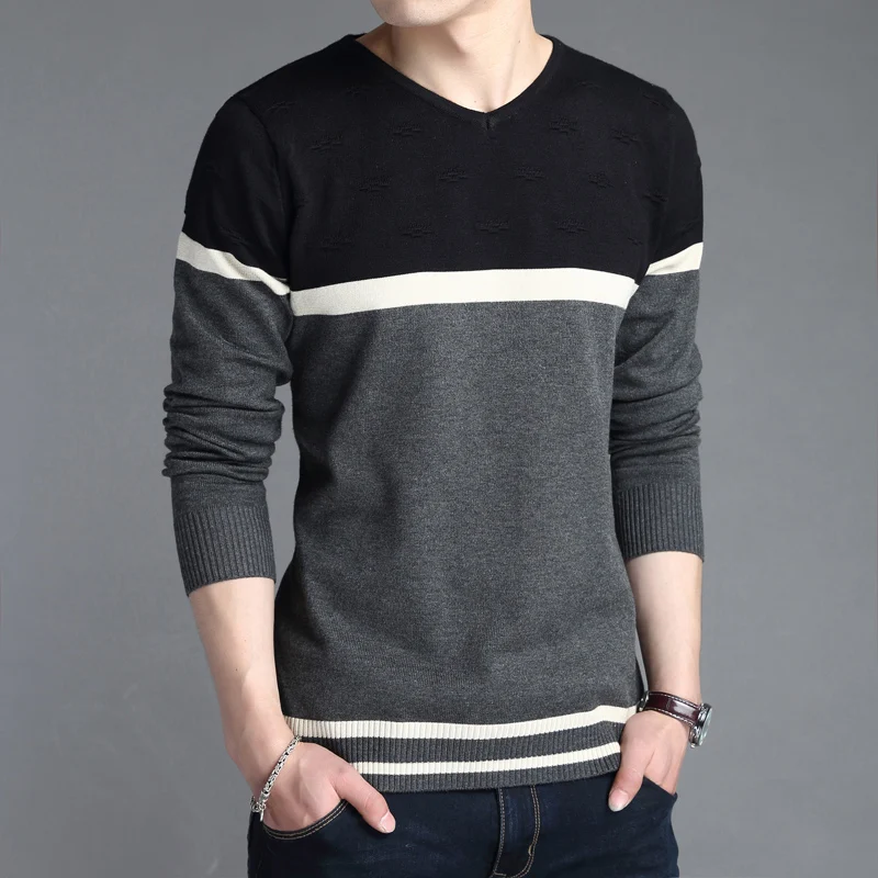 2017 Новый мужской классический вязаный приталенный теплый полосатый свитер с v