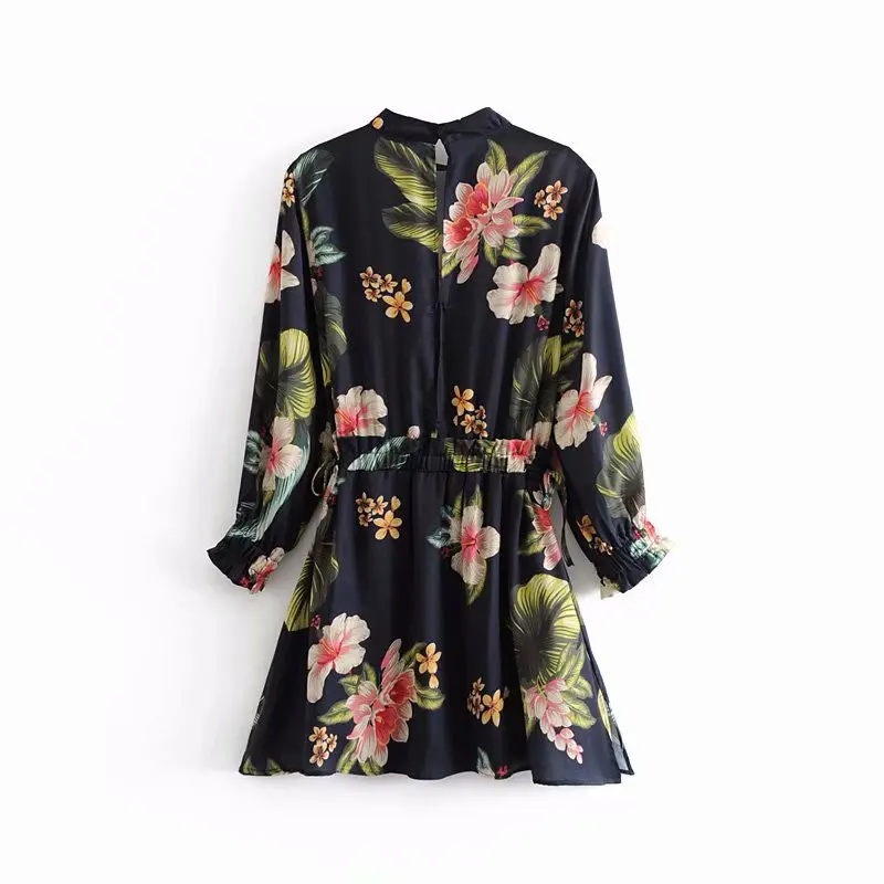 2019 женское винтажное платье с маленьким стоячим воротником и цветочным принтом