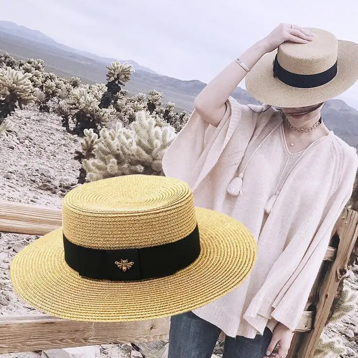 Ручная работа плетение Raffia солнцезащитные шапки для женщин черная лента шнуровка большая соломенная шляпа с полями открытый пляж летние шапки Chapeu Feminino