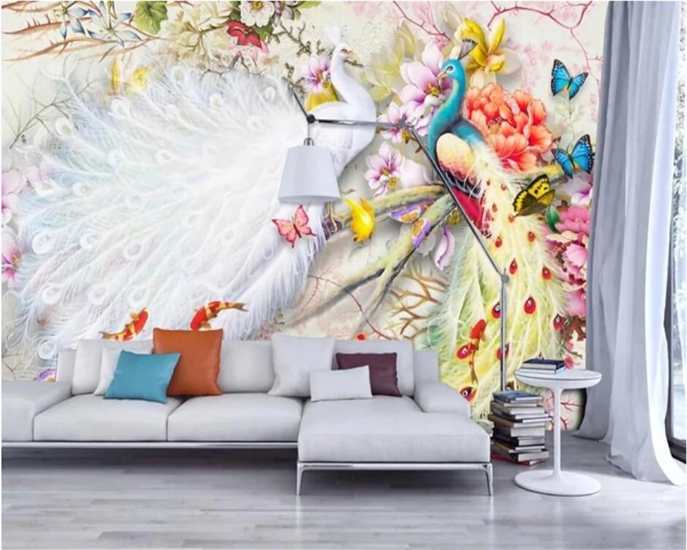 Обои на заказ 3d фотообои богатая птица Акварель Павлин Фигурка пиона цветок