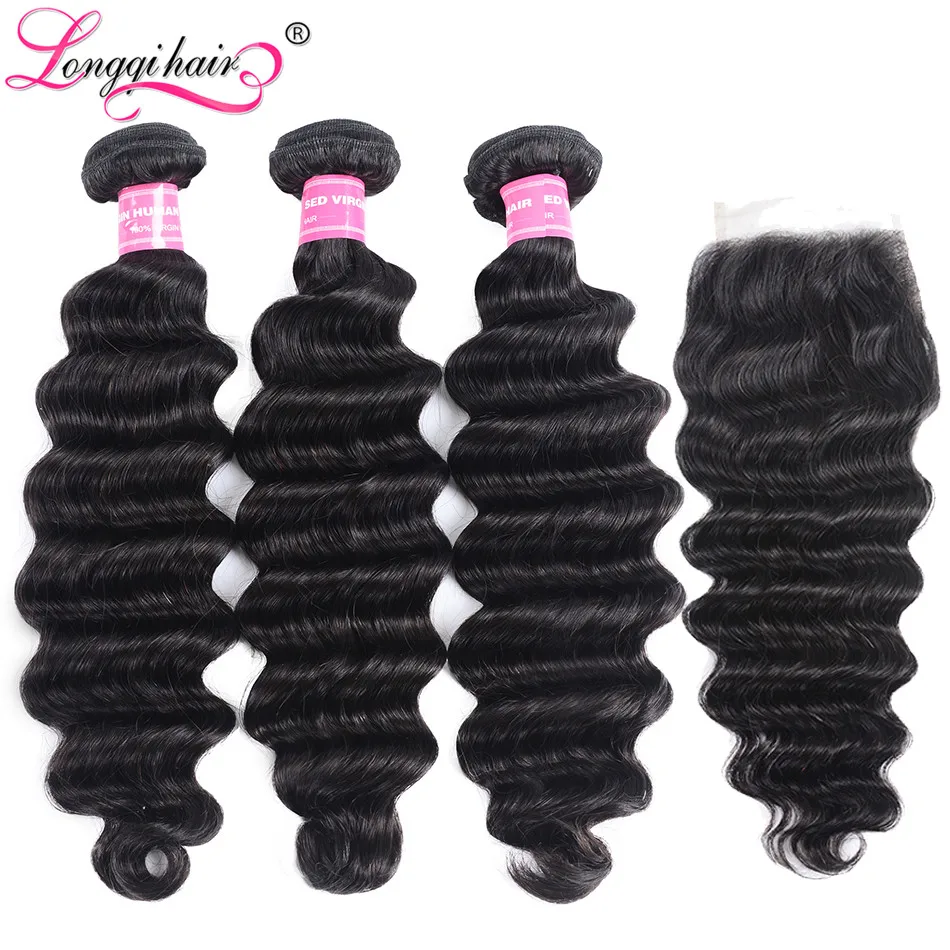 Longqi бразильские свободные волнистые пряди с закрытием Remy 100% человеческие волосы