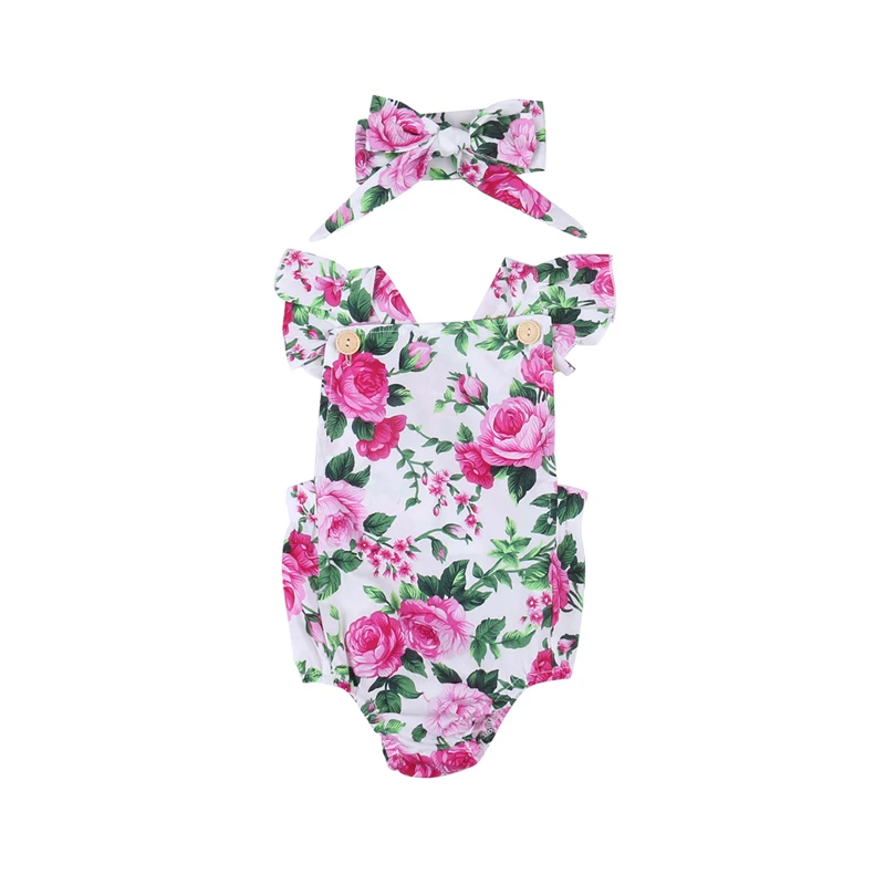 2018 Floral Print Cute Fashion Short Sleeve Square Collar Button Newborn Toddler Baby Girls Bodysuit Headband 2PCS Outfit Summer |