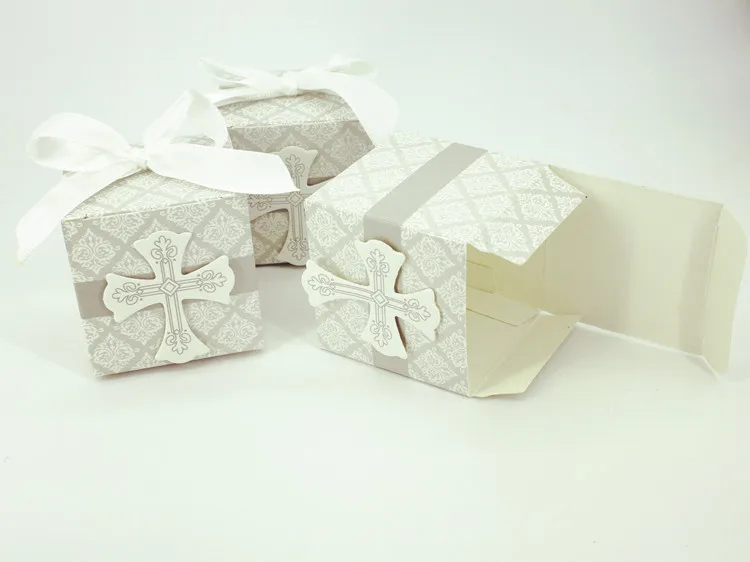

50 PCS Cross Candy Favor Box Christening Baby Shower Wedding Party Baptism Wrap Holders with Ribbons wedding favors and gift