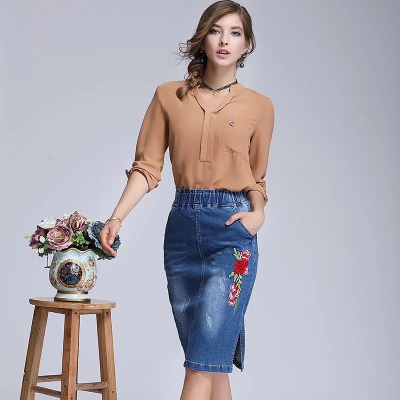 Модная повседневная юбка с цветочной вышивкой Feminino джинсовые юбки для женщин