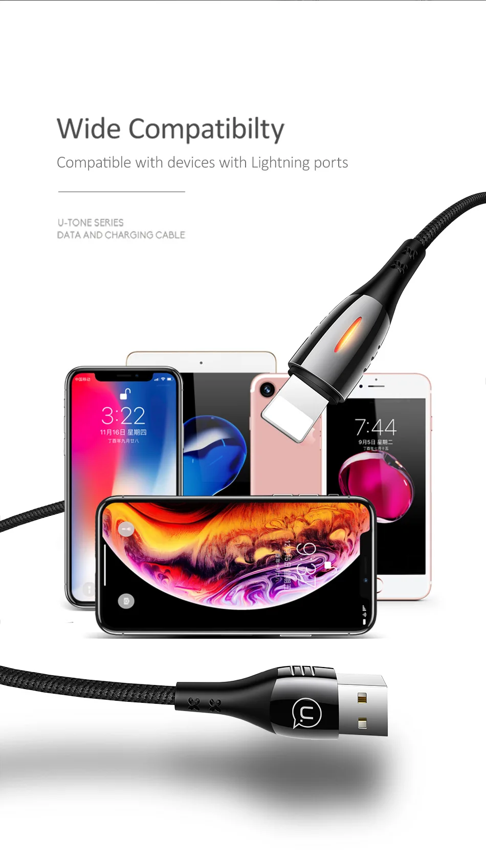 USAMS интеллигентая(ый) Мощность-USB кабель для передачи данных для iPhone XS MAX XR 8 7 6 5S se 5 авто Мощность off быстрое зарядное устройство для трансмиссии телефонный кабель
