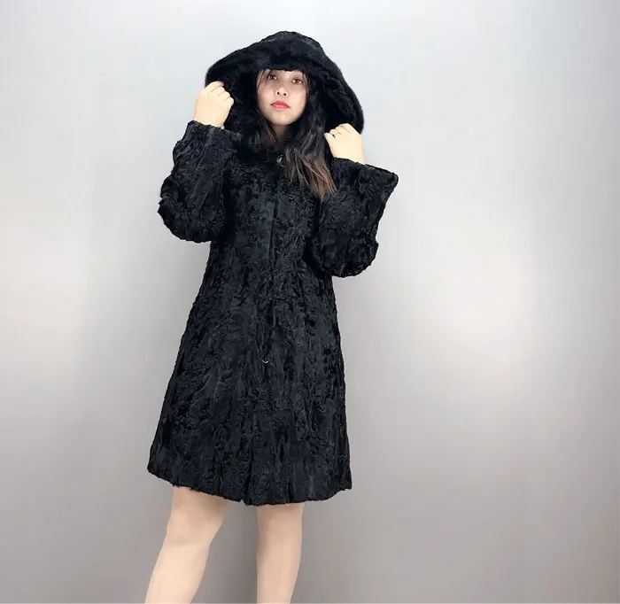 Натуральное меховое пальто Karakul, меховое пальто с капюшоном, длинное женское зимнее пальто QD. YISHANG