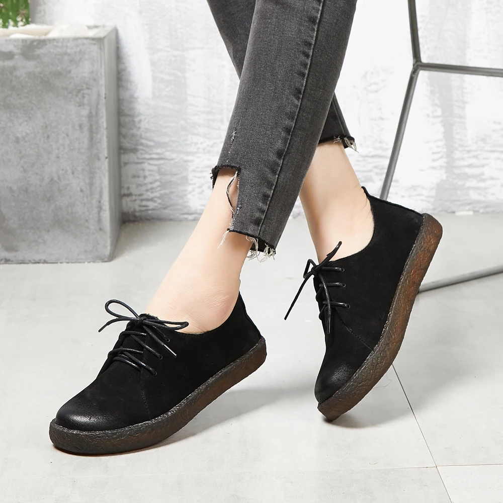 Новинка весны 2019 кожаные повседневные туфли на плоской подошве женские
