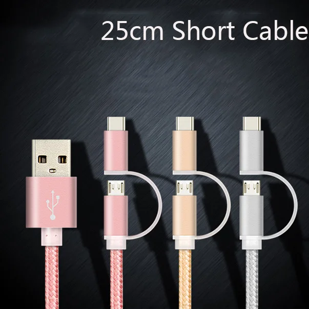 25 см Портативный micro usb type c короткий кабель 2 в 1 для huawei honor 8x10 9 lite play meizu Asus LG Lenovo