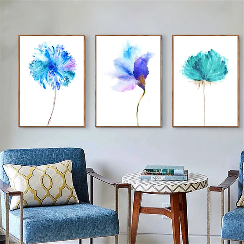Акварельная абстрактная синяя Цветочная печать HAOCHU плакат холст живопись для