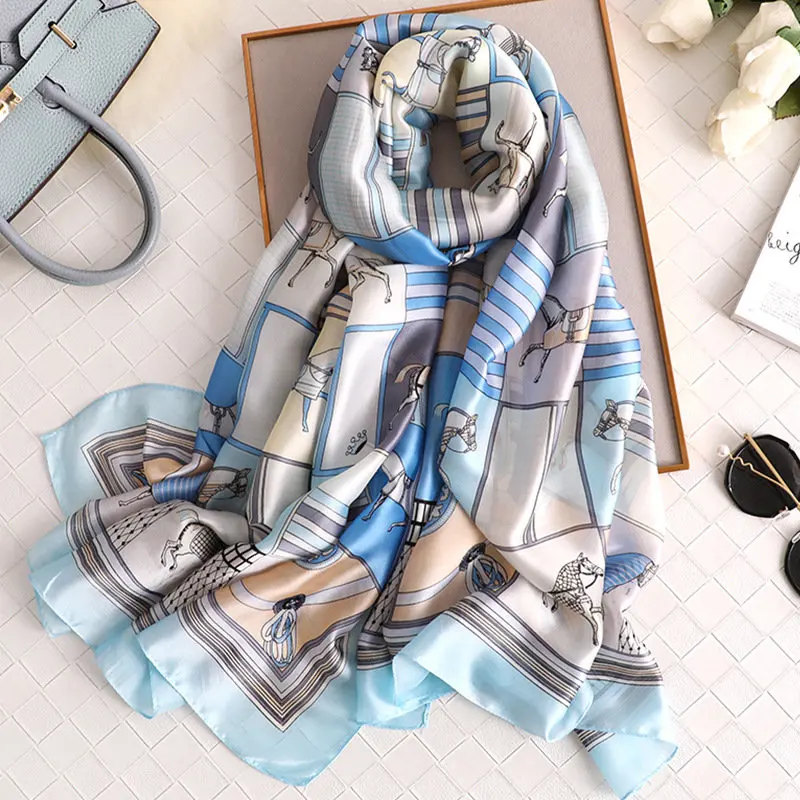 New European fashion retro versatile beach towel female silk office shawl Horse print printing sunscreen silk scarf hot sale
