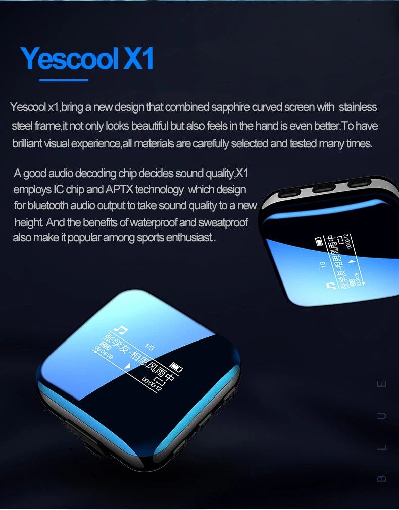 Yescool X1 8 ГБ MP3 музыкальный плеер Bluetooth hifi без потерь спортивный Цифровой Диктофон мини диктофон для бега