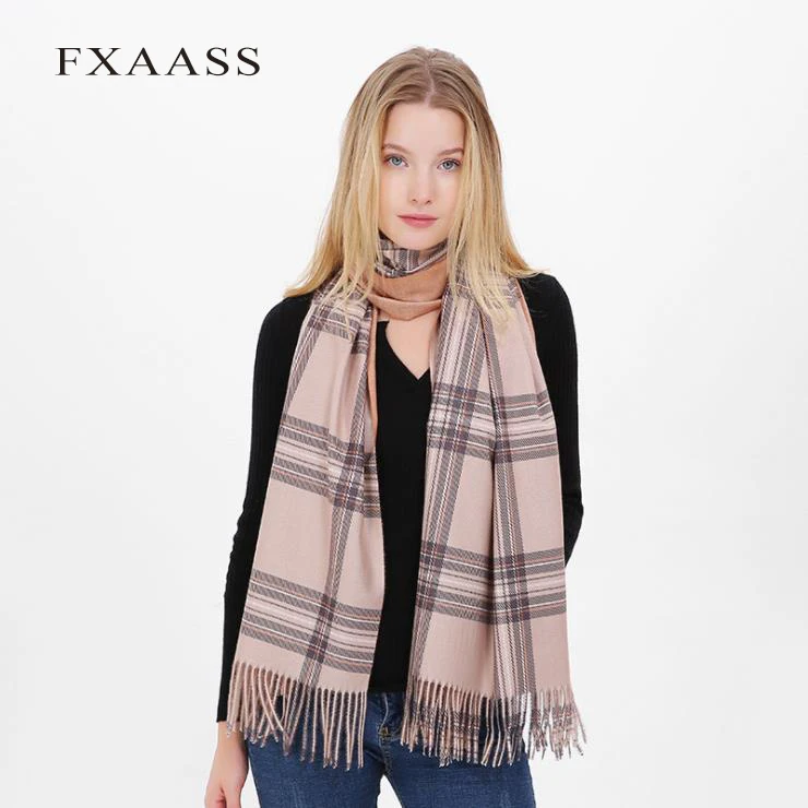

FXAASS New Autumn/Winter Shawl Fashion Striped Women Large Scarf Luxury Plaid Tassel Cashmere Scarves Thicken Warm Wholesale