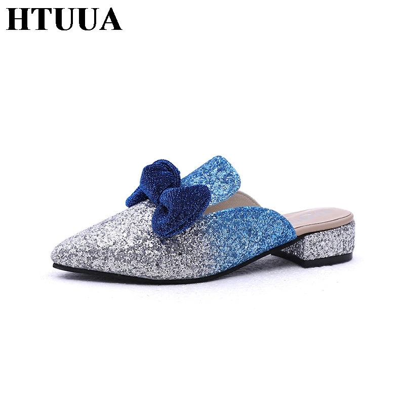 HTUUA 2018 сезон: весна–лето сексуальный острый носок с бантом шлепанцы блестками