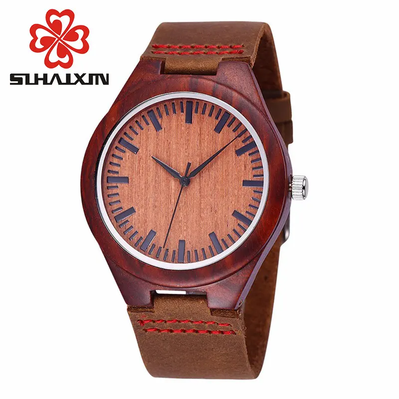 Деревянные часы дешевые мужские деревянные красный ремешок из натуральной