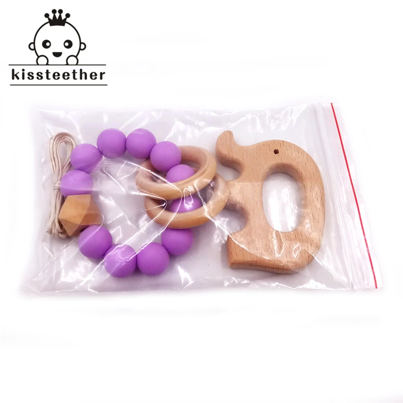 Mordedor de silicona hecho a mano para beb&eacute;, cuentas de silicona para lactancia, dentici&oacute;n, anillo de madera con pulsera, elefante de madera, 2 uds.-4