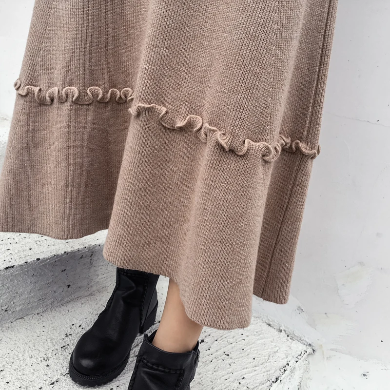 Осень Зима 2019 для женщин новый мягкий вязаный до середины икры рюшами панелями