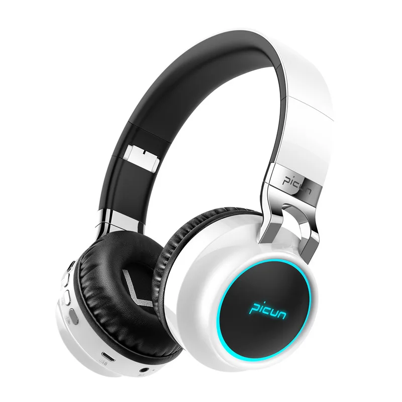 Picun P60 Bluetooth наушники бас беспроводная гарнитура 7 цветов Светящиеся с микрофоном Поддержка TF карта для телефона Xiaomi для iPhone PC - Цвет: White
