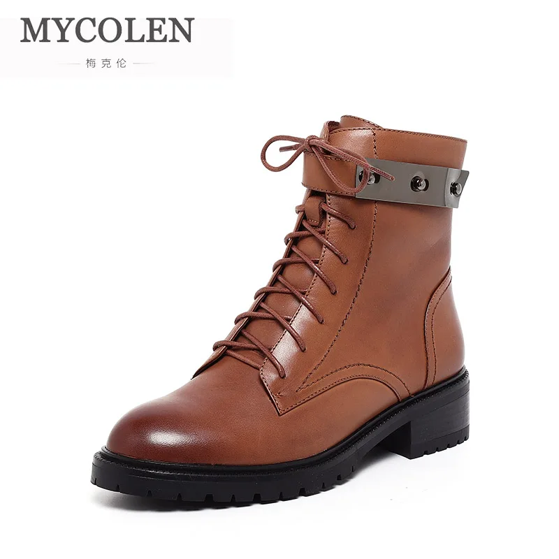 MYCOLEN/ г., женские ботинки из натуральной кожи Высококачественная модная зимняя обувь женские зимние ботильоны в байкерском стиле для женщин