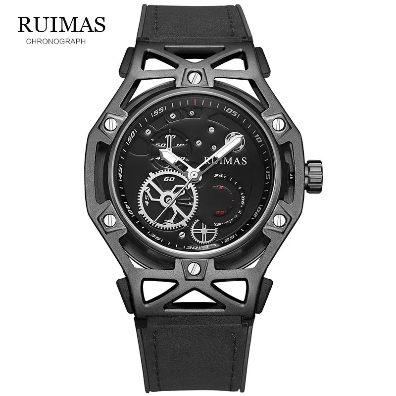 Новинка 2019 черные повседневные Модные кварцевые часы RUIMAS с кожаным ремешком