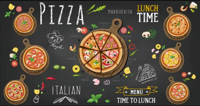 Обои на заказ для ресторана Мультяшные обои с изображением вкусной пиццы 3D