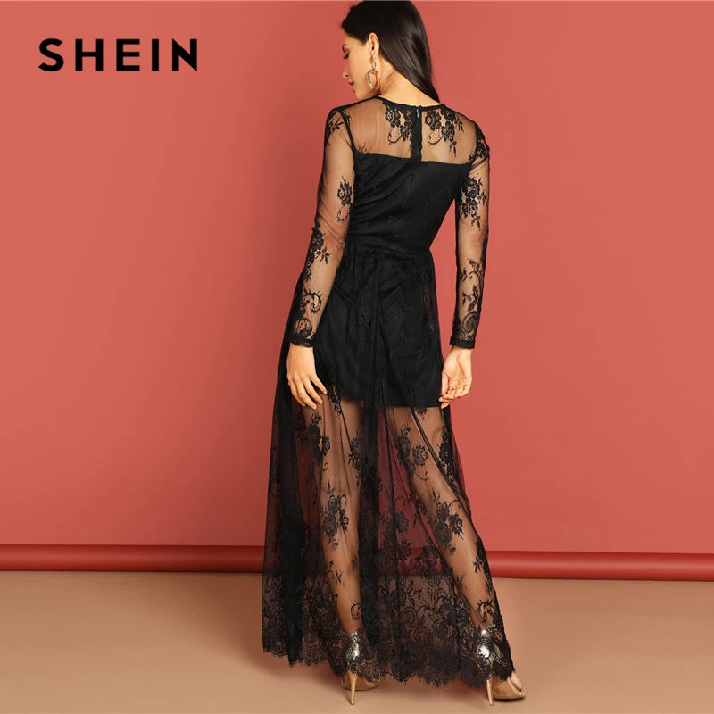 SHEIN Кружевное Платье С Глубоким V-Образным Вырезом Женское Черное Осеннее Элегантное Платье С Длинными Рукавами