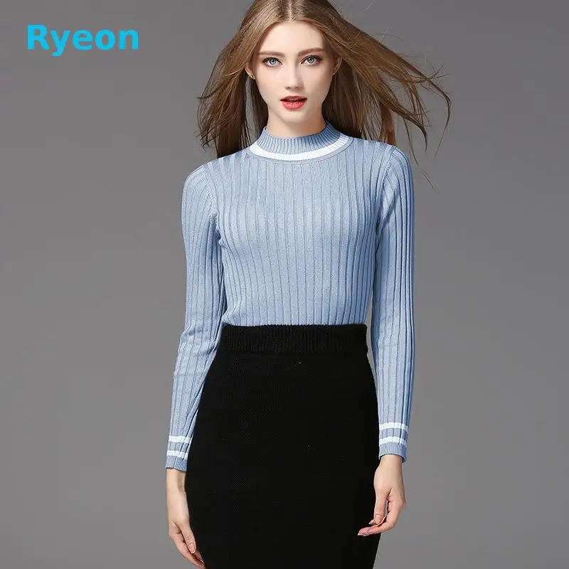 Прямо Полоса Случайный Осень Зима Женщины Свитер 2016 Ryeon Вязание Половина