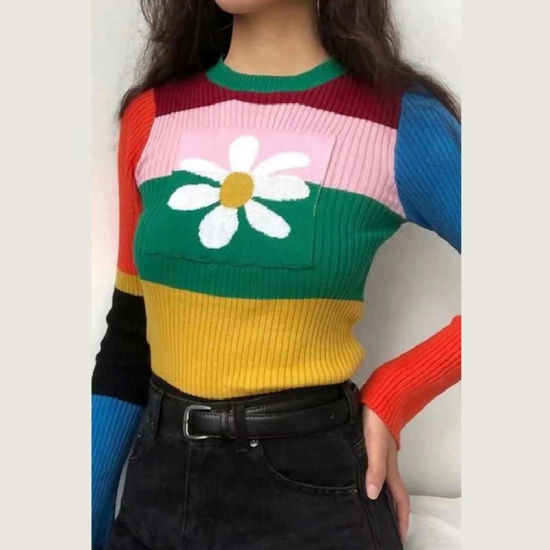Ретро контрастный цвет милый Crewneck ромашка украшение тонкий свитер | Женская