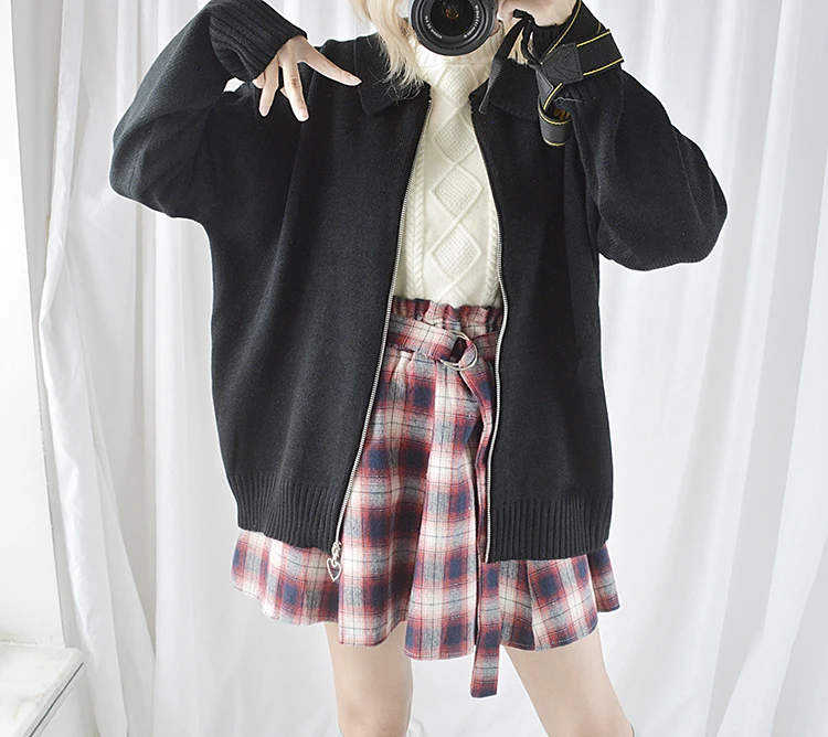 Cute Pure Color Heart Zipper Women's Sweater Preppy Style Long Sleeve Turn Down Collar Knitted Cardigan Teen Girls Sweaters 2018 |