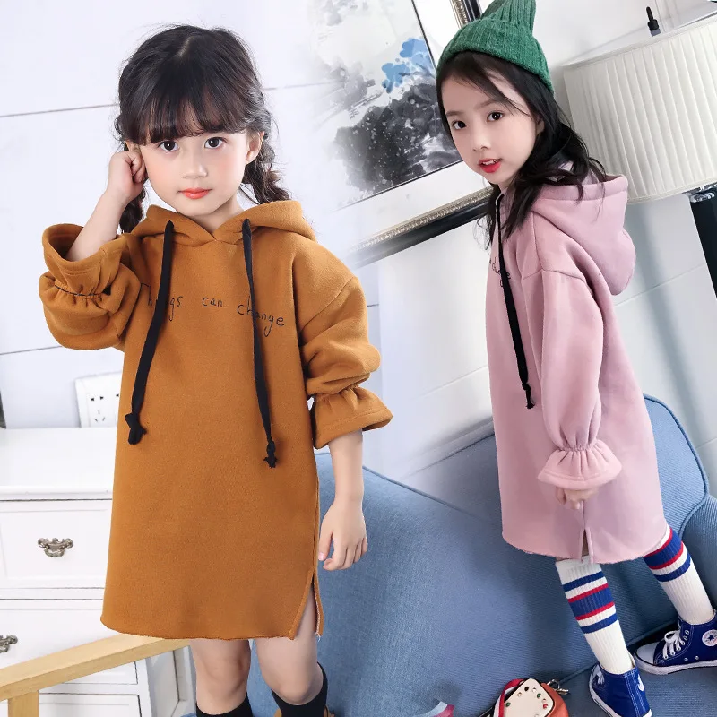 Girls Dress 2019 Winter Long Sleeve Hoodie Thicker Warm Letter Dresses For Large Children's Clothing Kids Clothes | Детская одежда