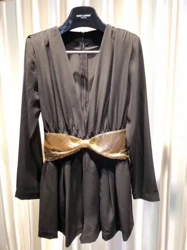Новейшее женское черное Золотое элегантное платье vestido с v образным вырезом и